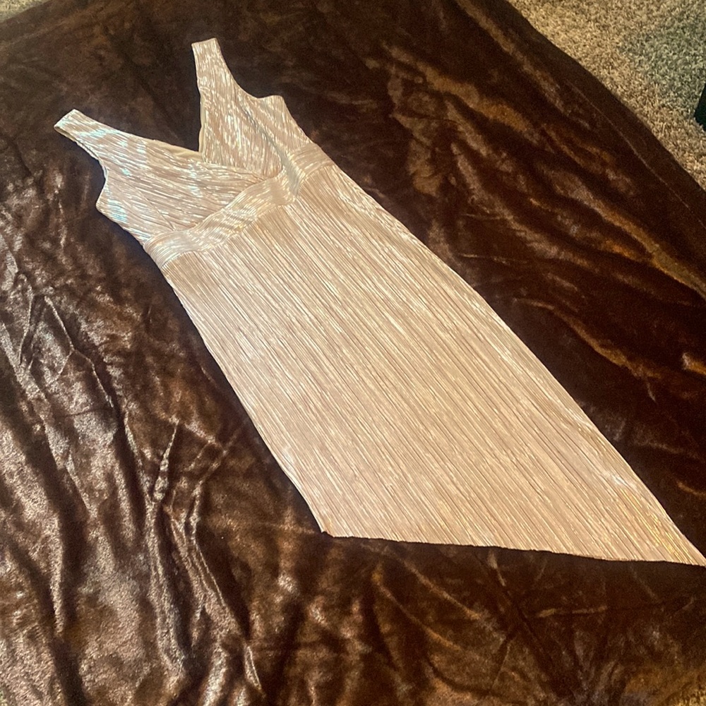Venus- Asymmetric nude an silver shimmer evening dress.